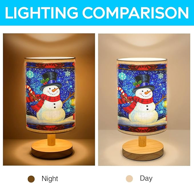 Cheerful Snowman Table Lamp LED 3-Color Pressed Bedside for Merry Christmas, Cheerful Snowman Shade Christmas Table Lamp with Wood Base for Bedroom Living Room Desk Office - Bloomnest