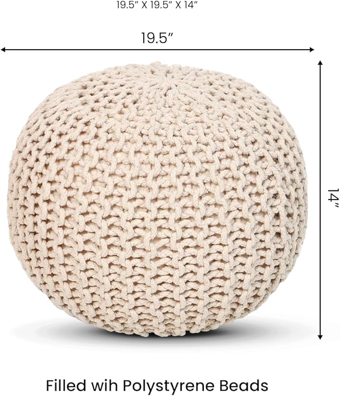 REDEARTH Round Pouf Ottoman - Cable Knitted Boho Poof - Home Décor Cord Pouffe Handmade Circular Footrest for Living Room - Bedroom - Kids Bedroom - 100% Cotton Pouf (19.5"x19.5"x14") - Ivory - Bloomnest