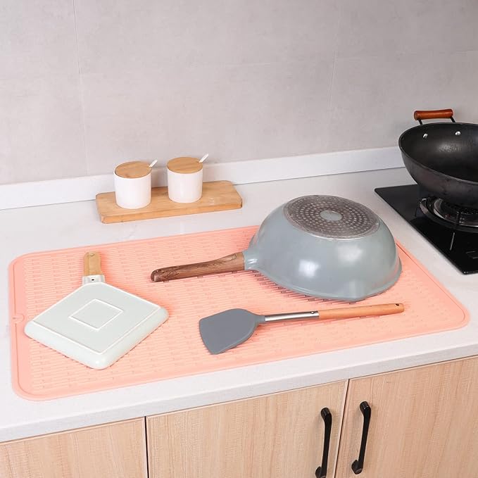 Silicone Dish Drying Mat for Multiple Usage,Easy clean,Eco-friendly,Heat-resistant Silicone Mat for Kitchen Counter or Sink,Refrigerator or Drawer Liner Pink 4XL 32 inches x 18 inches - Bloomnest