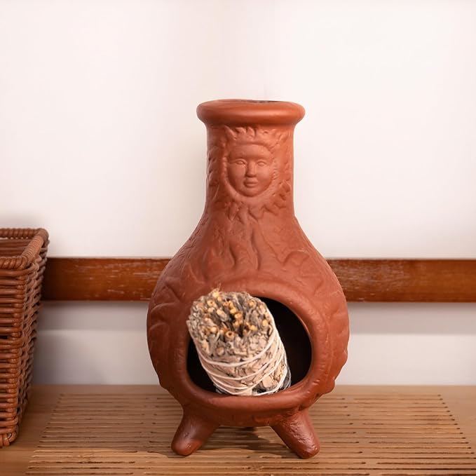 Handcrafted Terracotta Palo Santo Holder with Sun Face Design - Mini Chiminea Incense Burner for Sage & Copal - Thoughtful Gifts for Meditation, Yoga, Aromatherapy - Bloomnest