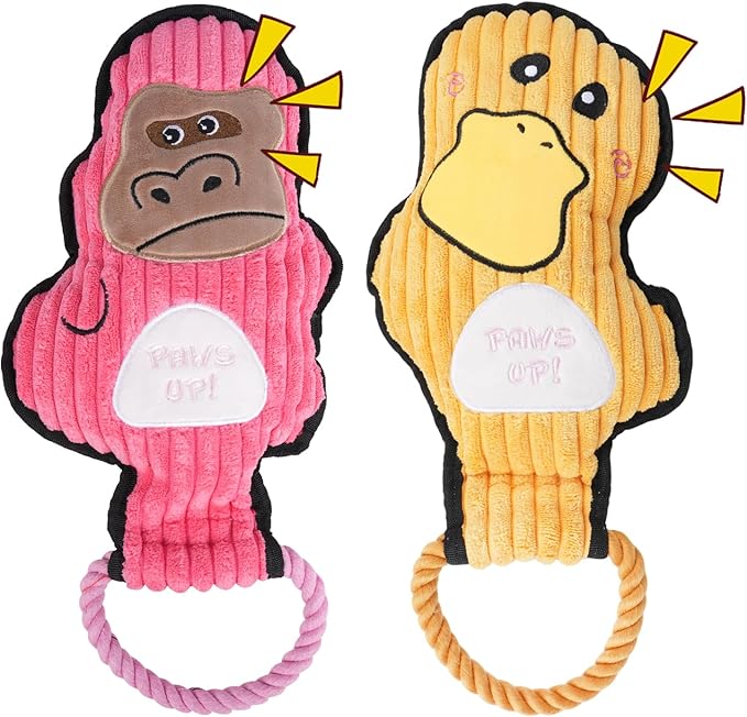 2-Pack Squeaky Dog Toys & Tough Tug of War Set - No Stuffing Chew-Resistant Plush Toys to Keep Them Busy, Best Birthday Gift for Small/Medium/Large Breeds (Ducks & Gorilla) - Bloomnest