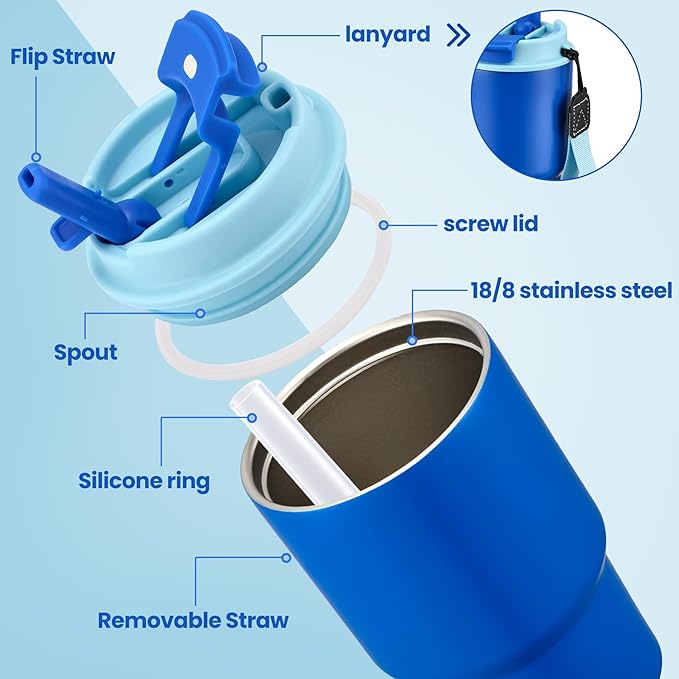 13.5oz Kids Insulated Tumbler with Lid and Straw, BPA-Free Stainless Steel Kids Water Bottle, Leak-Proof& Cupholder Friendly Tumbler for Boys & Girls -2 Pack(Blue+Black) - Bloomnest