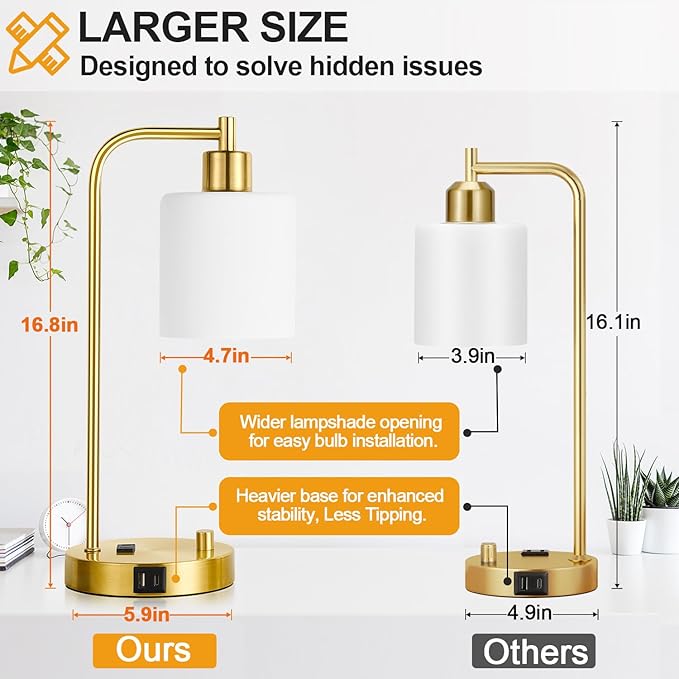 Lynnoland Set of 2 Industrial Table Lamps with USB C+A Ports and Outlet, Gold Fully Stepless Dimmable Bedside Lamps, Nightstand Lamp with Opal Glass Shade for Reading Office (2 LED Bulb) - Bloomnest