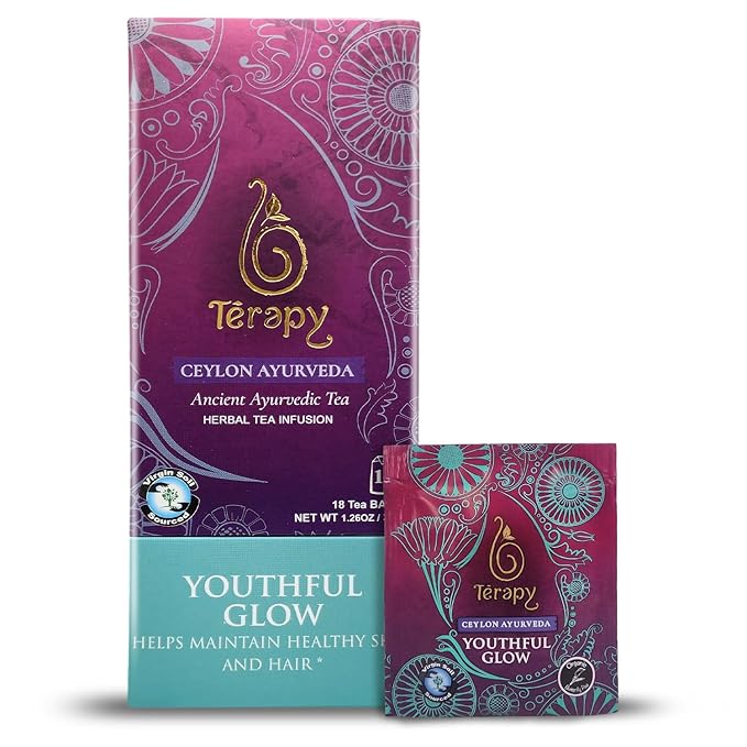 Térapy Ceylon Youthful Glow Herbal Tea Bags | Helps Maintain Healthy Skin and Hair | 100% Natural Blue Butterfly Peas, Licorice Root, Green Tea & More | Individually Wrapped Organic Tea Bags |18 Count - Bloomnest
