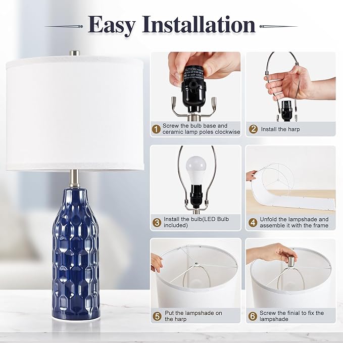 Luvkczc 24.8" Ceramic Table Lamps Set of 2 for Nightstand - 3 Color Temperature&Bulbs Included, Bedside Lamps for Living Room Bedroom Home Office Table Decor, Navy Blue - Bloomnest
