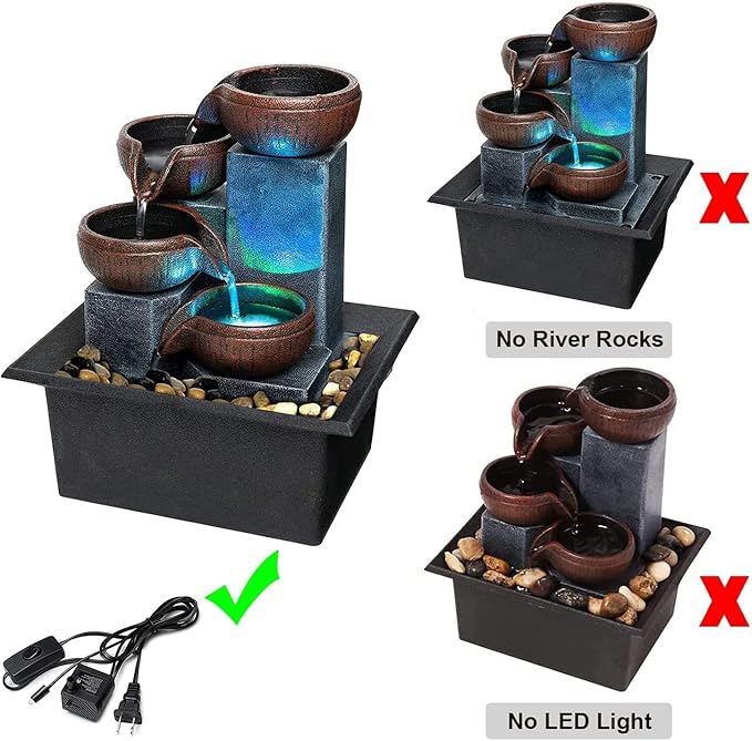 Small Indoor Relaxation Tabletop Fountain, Zen Meditation Waterfall Feature with Color LED Light & Natural Rocks, 4 Level Desk Waterfall for Home Office Bedroom Living Room Decoration (Style 1) - Bloomnest