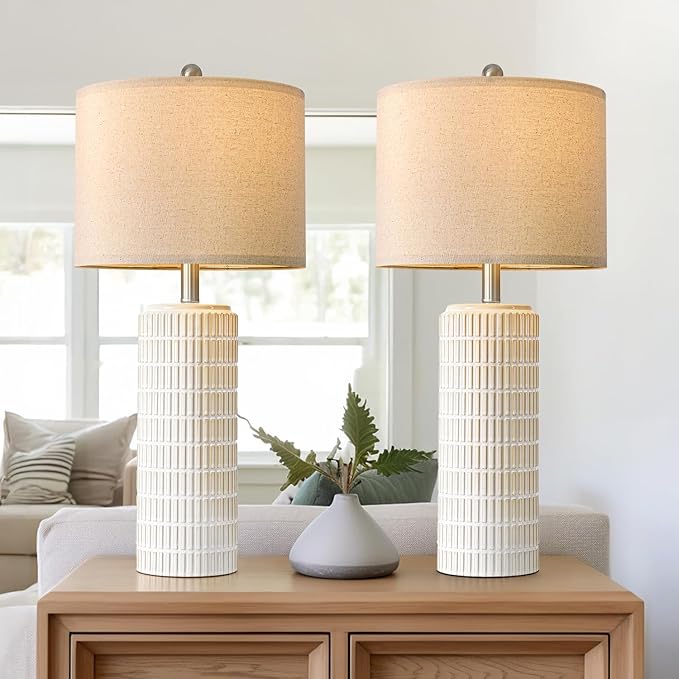 PoKat 27.5'' Tall Table Lamps for Living Room Set of 2, Ceramic Bedroom Lamps for Night Stands, Modern Bedside Lamps for Bedroom Living Room, Nightstand Lamps for End Table, Hallway, Gold and White - Bloomnest