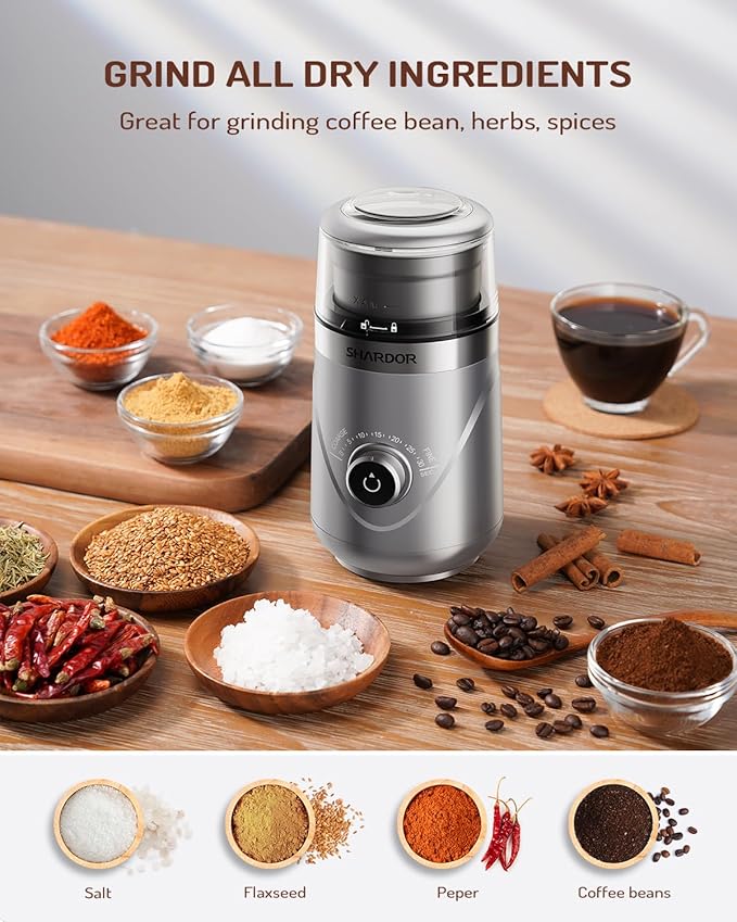 SHARDOR Electric Super Silent Blade Coffee Grinder, Timed Grind Control Rotary Knob, Adjustable Coarse to Fine for Coffee Beans, Spices & Herbs, with 1 Removable Stainless Steel Bowl, Sliver - Bloomnest