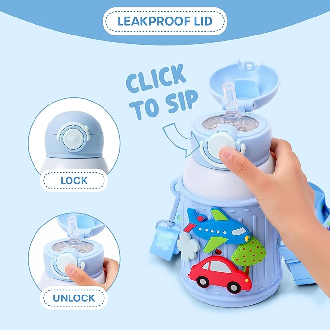 Kids Insulated Tumbler Set – 16oz Stainless Steel Water Bottle with Straw & Pour Lids, Screw-On Cup, Adjustable Strap, Silicone Sleeve & Charms – Leakproof BPA-Free Bottle for Boys & Girls - Bloomnest