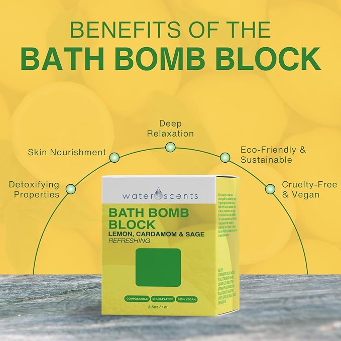 Water Scents Purity Bath Bomb Block | Vegan, Natural & Cruelty-Free | Aromatherapy Bath Soak with Lemon, Cardamom & Clary Sage | Refreshing & Moisturizing, Handmade in USA – 3.5 oz (1-Pack) - Bloomnest