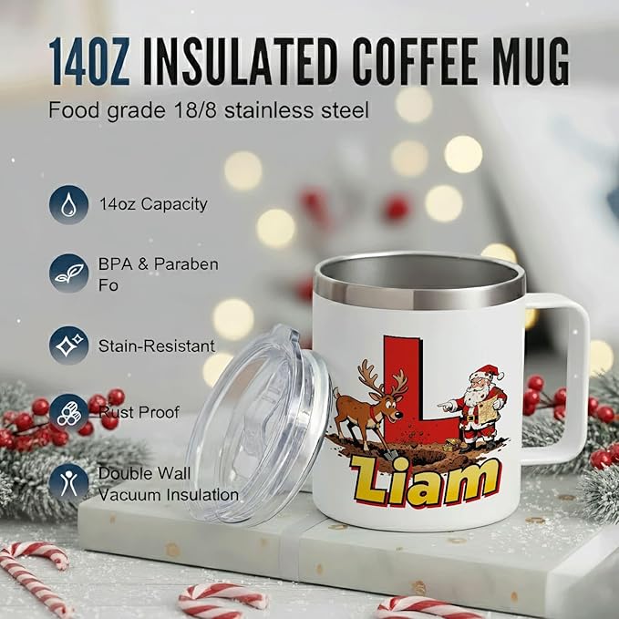 JugJug Personalized Christmas Mug with Initial & Name - Funny Treasure Hunt Santa 12oz Insulated Coffee Cup with Lid - Xmas Gifts for Boys, Kids (B155) - Bloomnest