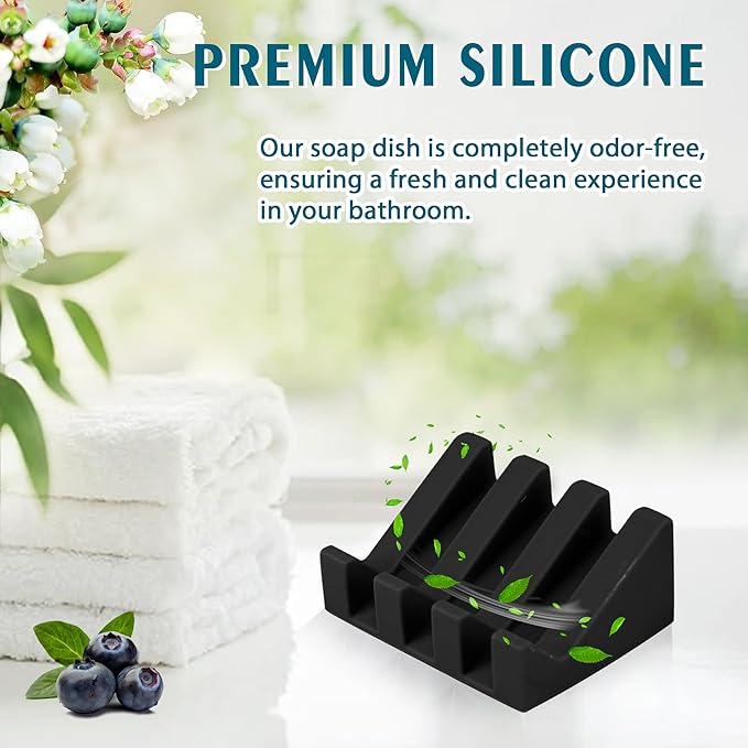 Silicone Soap Dish with Drain, Upgrade Double Suction Cups at The Bottom for Anti-Slip and Stability, Soap Dish Shower Waterfall Bar Soap Holder Tray with Drain Soap Holder (4, Black) - Bloomnest