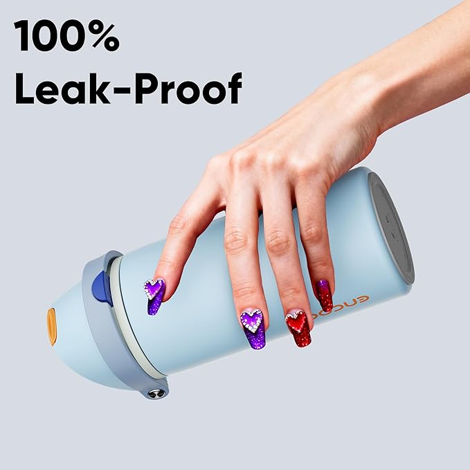 Insulated Water Bottle with Straw - Encool Stainless Steel Water Bottle with Push Button Lid, Leak-Proof & BPA-Free, Keeps Cold for 24 Hours for Sports, Travel, Gym (24 oz, Hazy Blue-Blue) ENCOOL