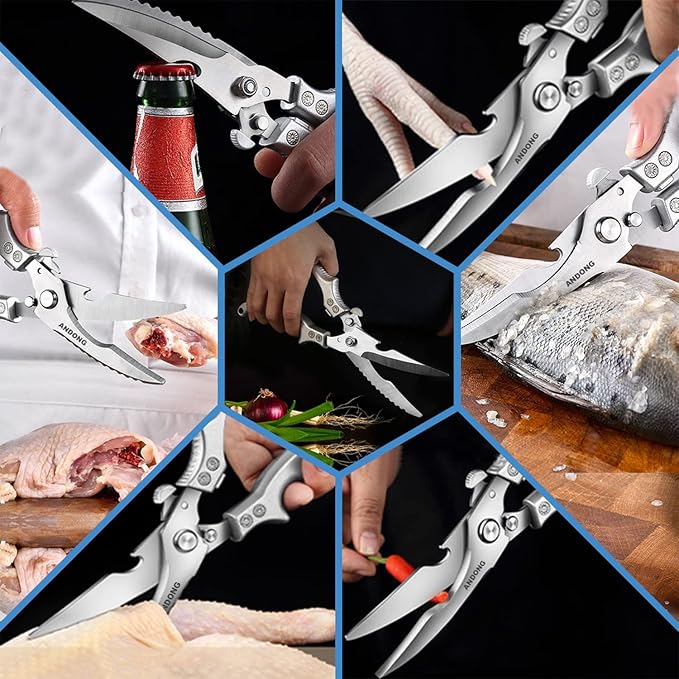 ANDONG Heavy Duty Professional Poultry Shears -Stainless Steel Kitchen & Meat Scissors with Leather Sheath, Dishwasher Safe Spring Loaded Utility Shears for Cooking, Butchering, Cutting - Bloomnest