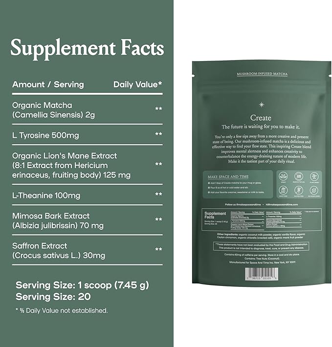 SPACE AND TIME Create - Mushroom Matcha Tea - 20 Cups of Creativity, Energy & Enhanced Mood - Organic Matcha Powder with Lions Mane, L-Theanine & Saffron - Bloomnest