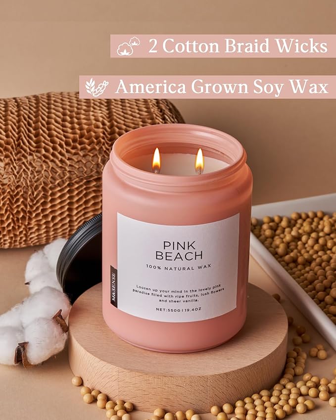 M&SENSE Pink Beach Sands Jar Candle, 19.4oz Pineapple Coconut Scented Natural Soy Candles for Home Scented, 110 Hour Burn Time, Home Decor Gift for Women, Friends, Family, Colleagues, Couples - Bloomnest