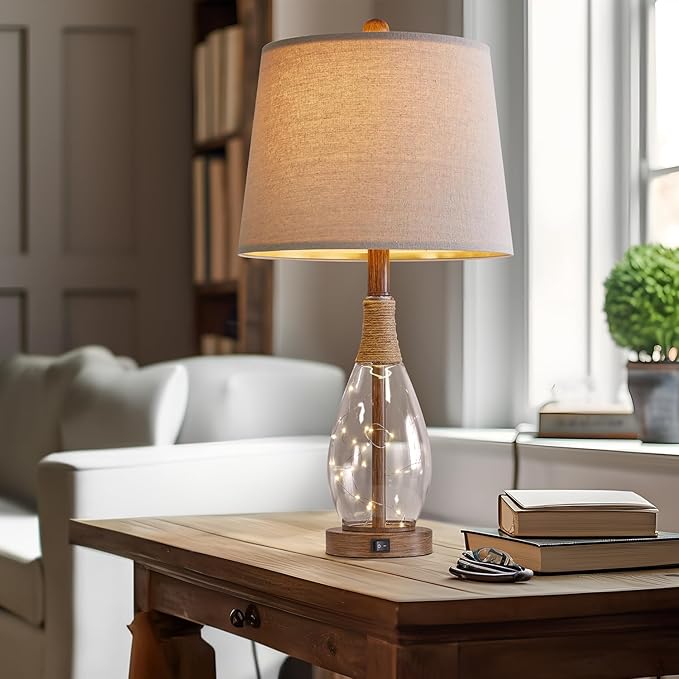 OYEARS 23" USB A+C Table Lamp Set of 2 Modern Bedside Lamps Retro Farmhouse Rattan Glass Nightstand Nightlight Lamps for Bedroom Living Room Dorm,Two Light Points - Bloomnest