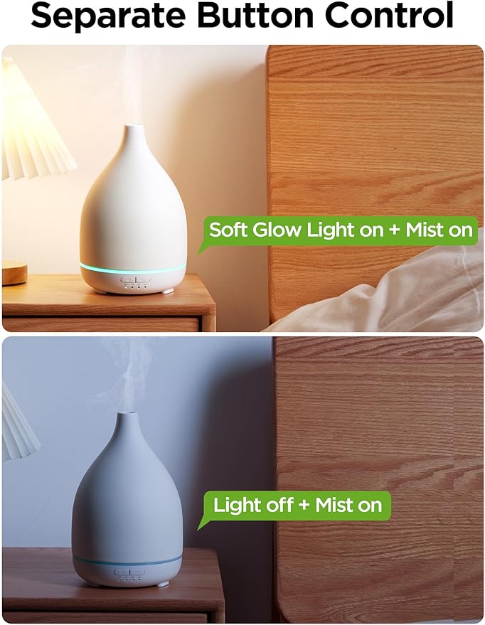 InnoGear Oil Diffuser, 300ML Ceramic Diffuser for Essential Oils Handcrafted Aromatherapy Diffuser Ultrasonic Cool Mist Humidifier with 4 Timers Waterless Auto Off for Room Office, White Base - Bloomnest