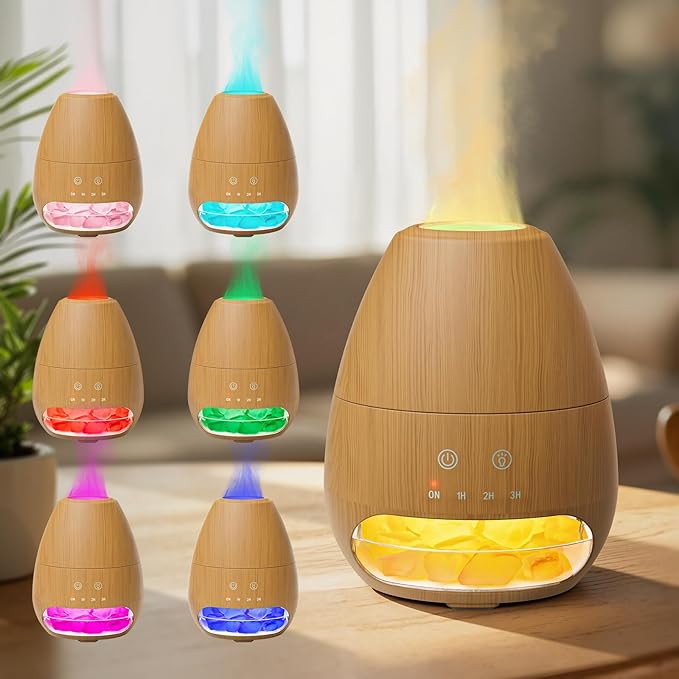 Ultrasonic Essential Oil Diffuser with Himalayan Salt Rock,Flame Diffuser with 7 LED Light,100ML Small Aromatherapy Oil Diffuser with Auto Off Function for Home, Office,Spa,Wooden Grain - Bloomnest