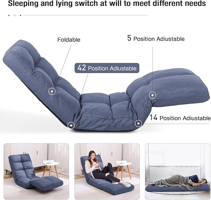 Floor Chair with Footrest Adjustable Backrest with 14 Positions Footrest 5-Position Adjustment Foldable Floor Gaming Chair for Easy Storage Linen Fabirc Chaise Lounge 086 (Blue)