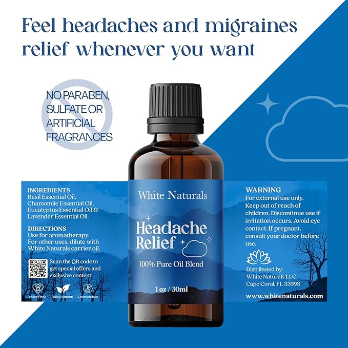 White Naturals Headache Relief Essential Oil Blend – Soothing Aromatherapy Oil for Tension & Headache Relief, 100% Pure & Natural Essential Oils for Calm & Relaxation, 1oz - Bloomnest