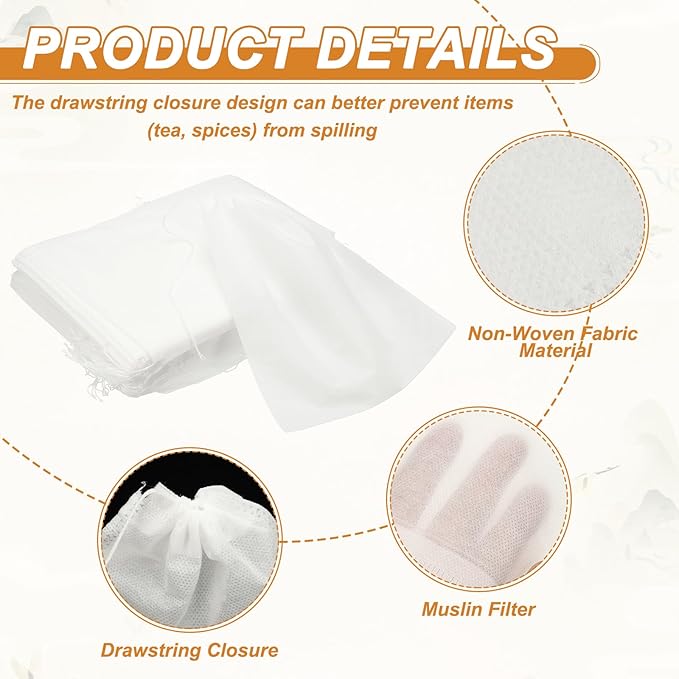 uxcell 100 Pcs Spice Bags for Cooking, 8x9 in Disposable Empty Tea Bags Muslin Non-Woven for Loose Leaf Tea Sachet Straining Soups Herbs, White - Bloomnest