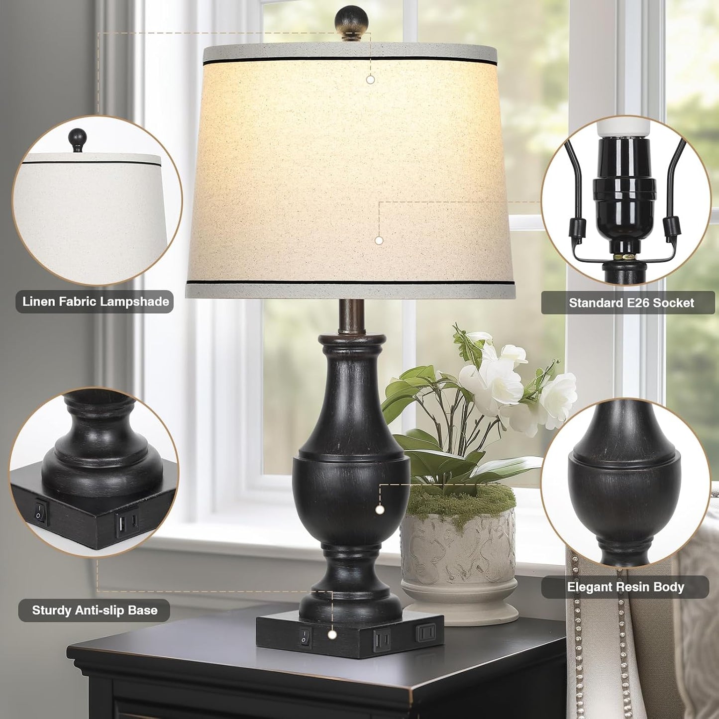 Table Lamps for Living Room Set of 2, Farmhouse Vintage Table Lamp with USB A+C Charging Ports & AC Outlet, 25" Black Rustic Traditional Lamps for Bedroom Nightstand Desk(2 LED Bulbs Included)