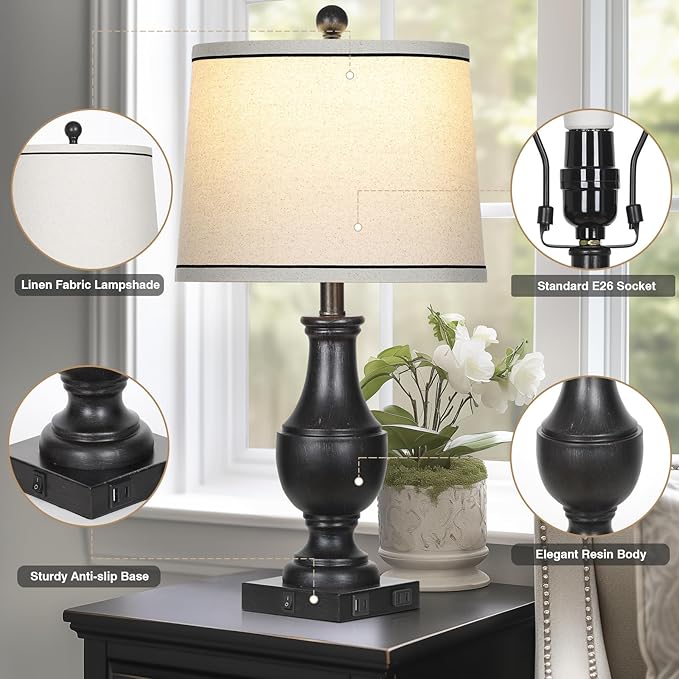 Table Lamps for Living Room Set of 2, Farmhouse Vintage Table Lamp with USB A+C Charging Ports & AC Outlet, 25" Black Rustic Traditional Lamps for Bedroom Nightstand Desk(2 LED Bulbs Included) - Bloomnest