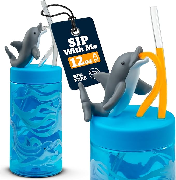 Kids Water Bottle, Toddler Cups, Tumbler with Lid and Straw, Travel Sippy Cup for Water or Milk, Kids Cups with Lids for Toddlers 3 and Up, BPA Free Plastic, 12 oz (Sealife Dolphin) - Bloomnest