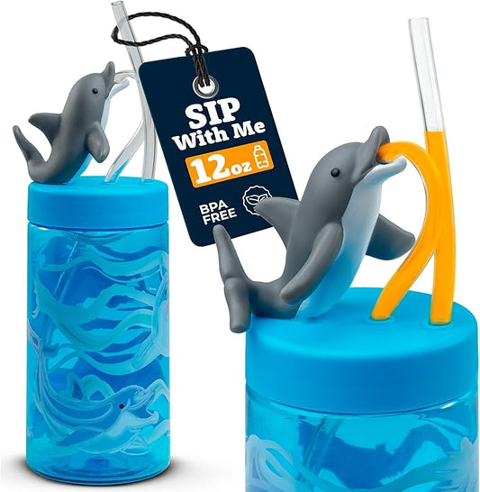 Kids Water Bottle, Toddler Cups, Tumbler with Lid and Straw, Travel Sippy Cup for Water or Milk, Kids Cups with Lids for Toddlers 3 and Up, BPA Free Plastic, 12 oz (Sealife Dolphin) - Bloomnest