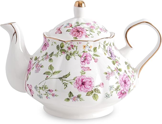 Flower Ceramic Teapot,22oz Porcelain Tea pot for Tea Coffee Milk for Office Home Men Women as Gift (White and big flowers)