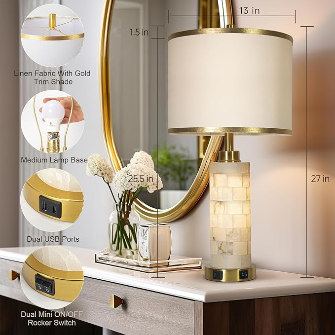 27" Natural Alabaster Table Lamps Set of 2, Lamps for Living Room Bedroom,Bedside Lamps with Night Light,Nightstand Lamp with USB A+C Ports,Modern Table Lamp with Linen Shade (Bulbs Included) - Bloomnest