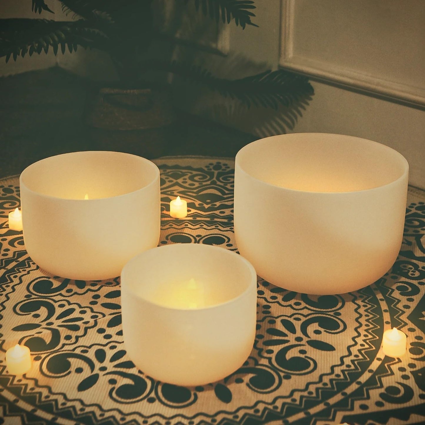 8-14 inch Set of 3 Singing Bowls 432HZ 8"A 10"F 14"C Frosted Chakra Quartz Crystal Sound Healing Bowls with 1 Travel Carry Case Bag 1 Mallet Suede 1 Striker 3 O-rings