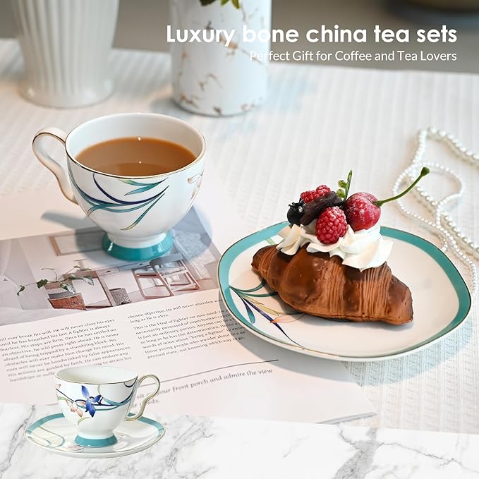ACMLIFE Tea Cups and Saucers for 1, Bone China Teacup Set for Adults with Gold Trim and Gift Box, Blue and White Chinese English British Wedding Tea Set for One Coffee Cup Set 6.8 oz (Blue-Bamboo) - Bloomnest