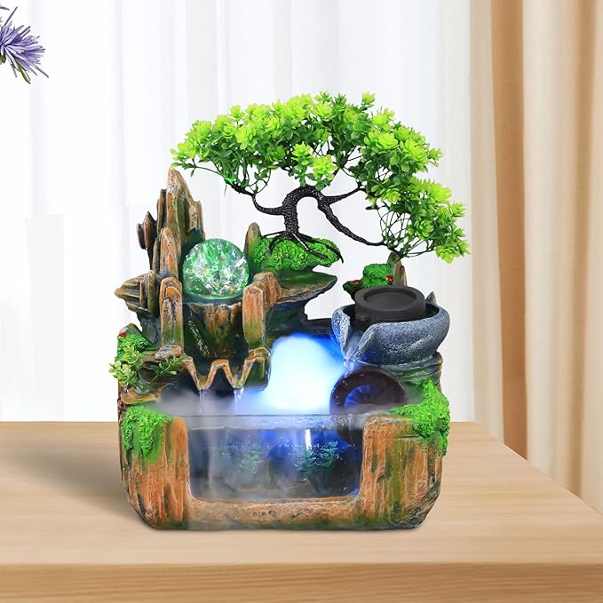 Gdrasuya10 Indoor Fountain, Tabletop Rockery Fountain with LED Lights, Goldfish Waterfall, Durable Resin Material, Ideal for Office, Home, Bedroom - Bloomnest