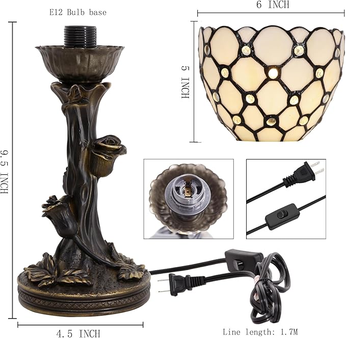 Small Tiffany Lamp Mini Stained Glass Table Lamp Cream Bead Accent Desk Uplight W6 H13.5 Inch Bronze Resin Base - Bloomnest