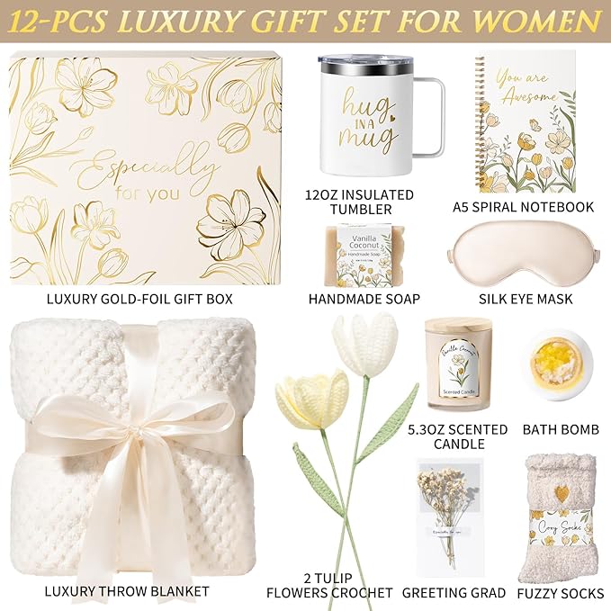 Birthday Gifts for Women Self Care Package, Get Well Soon Gift Baskets for Women Spa Gifts Set, Unique Thinking of You Inspirational Sympathy Valentines Day Gift Baskets for Her Wife Mom Friend Sister