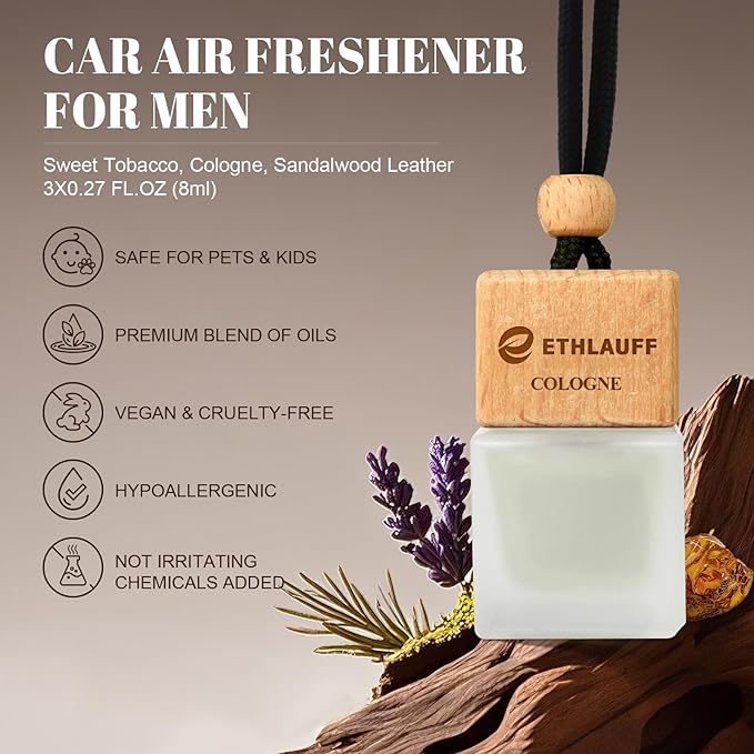 Car Air Freshener Hanging 3 Pack, Air Fresheners Diffuser - Leather, Cologne, Sweet Tobacco Fragrance Oil Air Diffuser for Men, 45+ days Long Lasting Fragrance 0.27 FL OZ/8ML - Bloomnest