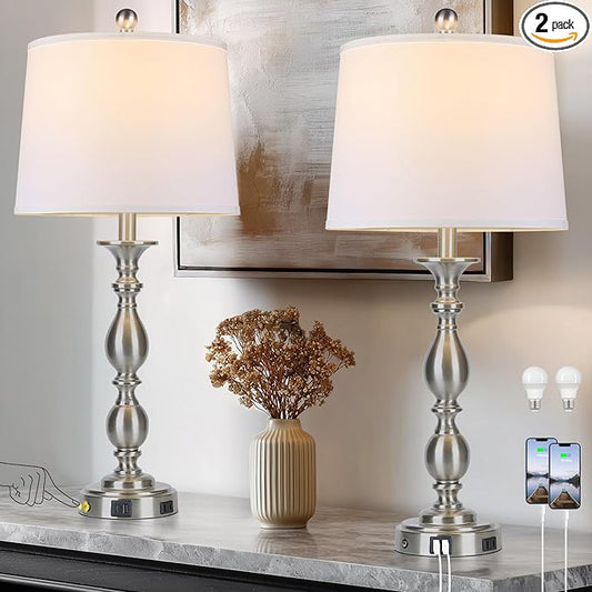 28" Tall Modern Table Lamps Set of 2 with USB A+C Ports and AC Outlet, 3 Way Touch Metal Bedside Lamps for Bedroom, Silver Farmhouse Nightstand Lamps for Living Room - Bloomnest
