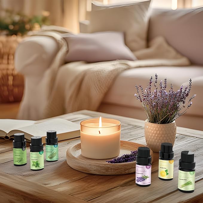 Pure Essential Oil Set - Top 6 Aromatherapy Oils Set, Essential Oils for Diffusers for Home - Peppermint, Lavender, Eucalyptus, Lemongrass, Rosemary, Lemon - 10ml x 6 - Bloomnest