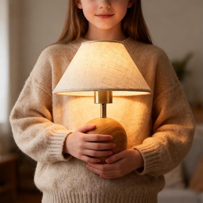 Table Lamp for Living Room,Wood Base Flaxen Fabric Shade Desk Lamp for Bedroom,Small Décor Ambient Bedside Lamps for Night Stands,LED Bulb (not Included) - Bloomnest