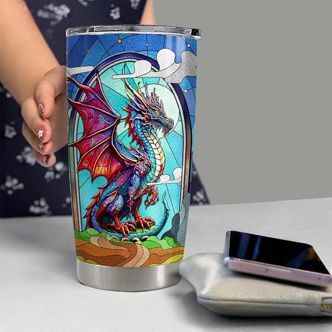 SANDJEST Personalized Dragon Tumbler with Customize Name Stained Glass Drawing 20oz 30oz Tumbler with Lid Gift for Woman Man Dragon Lovers - Bloomnest