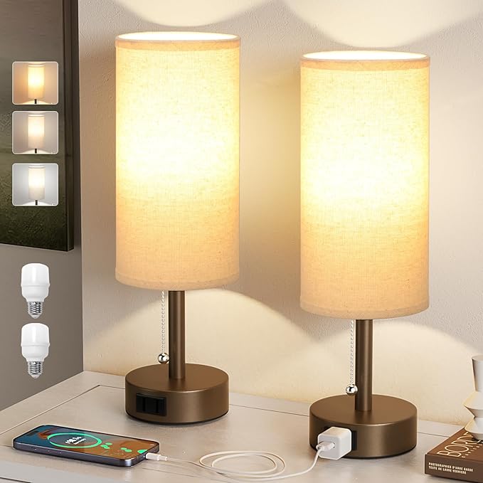 Fenmzee Brown Bedside Table Lamps Set of 2-3 Color Temperatures Pull Chain Lamp with AC Outlet Charging Port, Small Round Night Stand Lamps for Bedroom, Bed Side Light with E26 LED Bulbs - Bloomnest