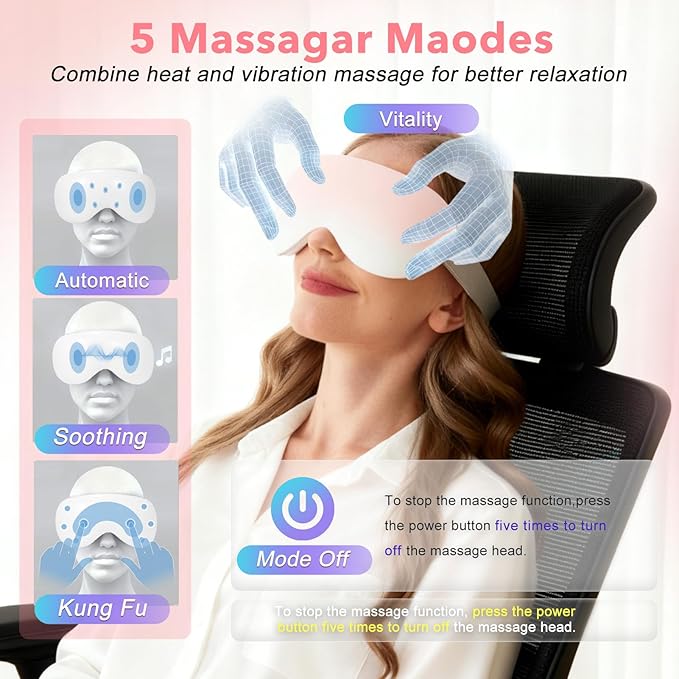 Eye Massager with Heat and Cooling for Migraines – 14 Massage Nodes for Eye Strain Relief, Rechargeable Bluetooth Music, Improve Sleep,Eye Strain Relief, Birthday Gifts for Women and Men(Pink) Bloomnest