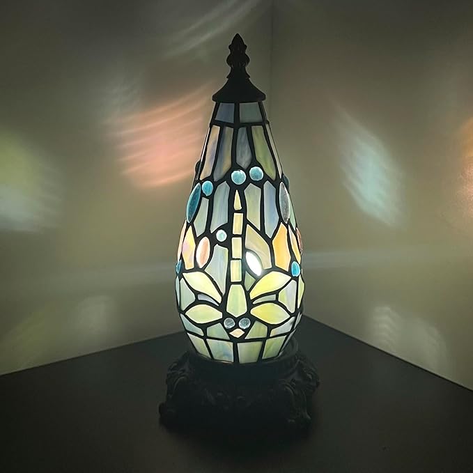 Small Tiffany Lamp Stained Glass Table Lamp 5.5X11 Inch Christmas Tree Lighthouse Mini Accent Memory Sympathy Antique Night Light for Bedroom Living Room (Colorful)