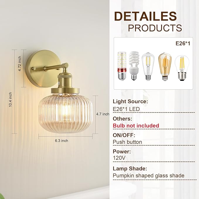 Vintage Wall Sconces with Amber Pumpkin Glass Lampshade, Indoor Bathroom Wall Sconce, Modern Gold Industrial Lighting Fixture for Mirror Living Room Hallway 1 Pack - Bloomnest