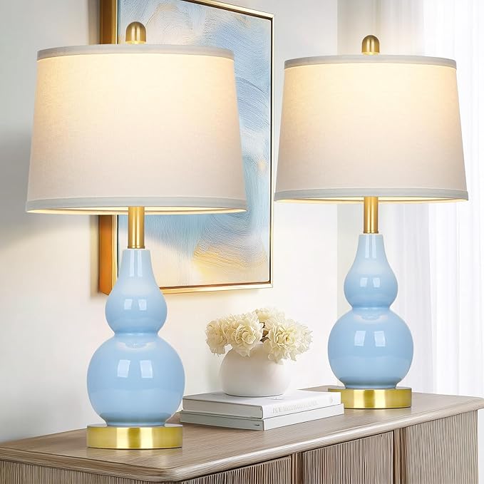 25" Modern Ceramic Table Lamps Set of 2, Blue Double Gourd Ceramic Lamps for Living Room, Coastal Farmhouse Rustic Bedside Nightstand Nautical Lamps for Bedrooms Home Office Dorm(2 LED Bulbs Included) - Bloomnest