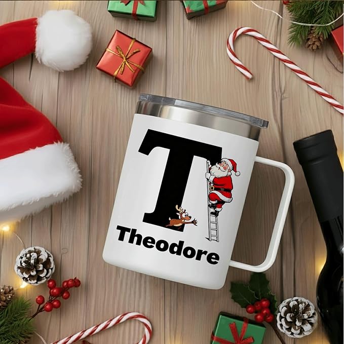 JugJug Personalized Christmas Mug with Initial & Name - Funny Santa Climbing Ladder 12oz Insulated Coffee Cup with Lid - Xmas Gifts for Kids, Boys (B158) - Bloomnest