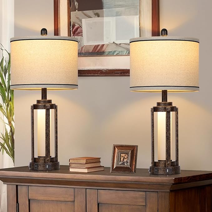 Farmhouse Lamps with USB A+C Charging Ports & AC Outlet, Rustic Vintage Industrial Table Lamps Metal Lamp with Glass LED Night Light & Beige Fabric Shade for Living Room Bedrooms Nightstand Bronze - Bloomnest