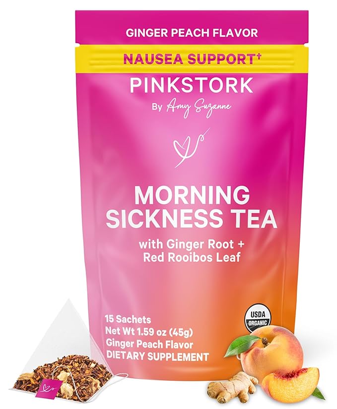 Pink Stork Organic Morning Sickness Pregnancy Tea - Hot or Iced Tea - Prenatal Heartburn, Indigestion, and Constipation Support - 1st Trimester Pregnancy Must Haves - Ginger Peach, 15 Sachets - Bloomnest